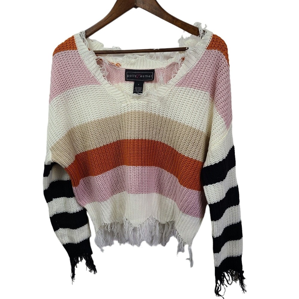 Poly & Esther Striped V Neck Distressed Sweater Small